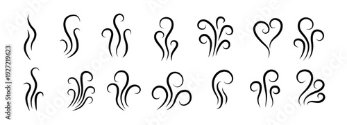 Smoke steam of coffee with smell line icon set. Hand drawn scent stream and wavy aroma doodle lines. Sketch hot vapor steam with smell and cooking fragrance.