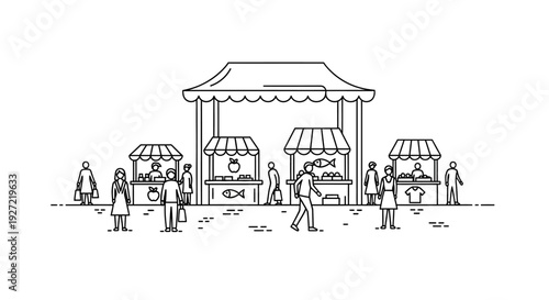 Street market scene with people shopping at various stalls in line art style.
