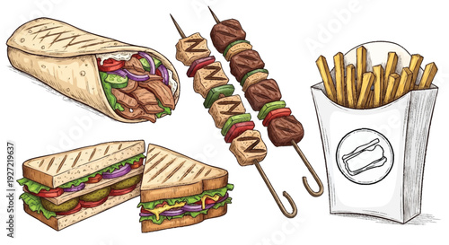 Grilled meat skewers and sandwiches with fries food