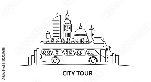 Line art illustration of a double-decker city tour bus with landmarks