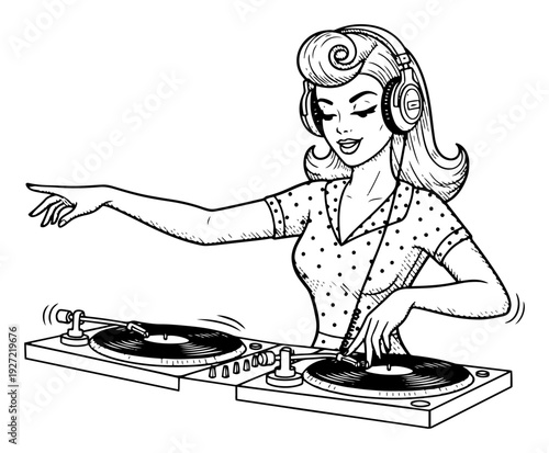 Retro pin up woman dj playing music on turntables