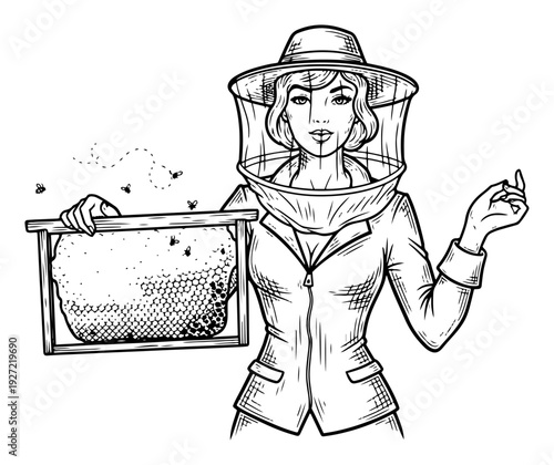 Female beekeeper in protective suit holding honeycomb frame