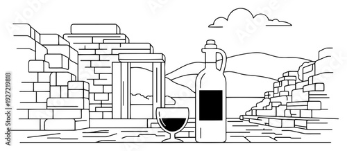 Ancient stone ruins landscape with olive oil bottle and wine glass