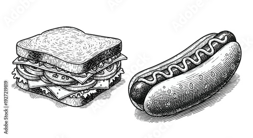 Sandwich and hot dog black and white food meal