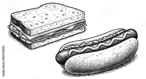 Sandwich and hot dog in black and white food two foods