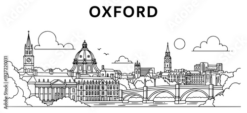 Outline drawing of Oxford city cityscape with bridge and university buildings