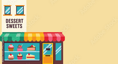 A charming cartoon illustration of a dessert and sweets shop storefront, featuring a colorful awning, a display of baked goods, and ample copy space.