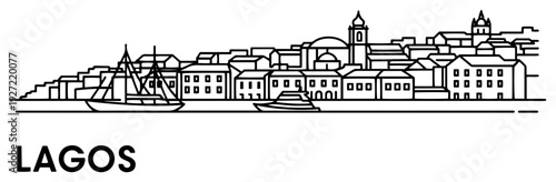 Lagos city skyline panorama with boats and historic architecture