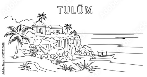 Tulum Mayan ruins on cliff overlooking the sea with palm trees