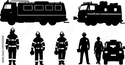Firefighter and Rescue Worker Silhouettes Vector Set, Emergency Services Team on white background
