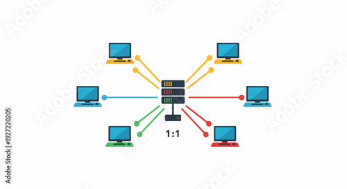 Network hub connecting multiple computers in a star topology, illustrating data flow and connectivity.