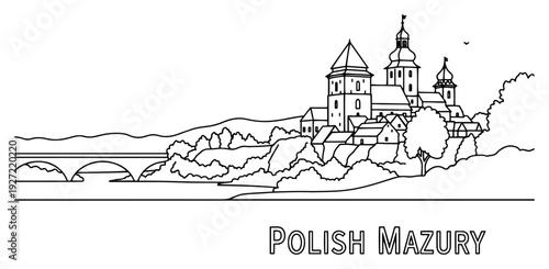 Outline drawing of castle landscape in Polish Mazury region with bridge