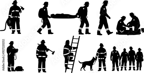 Firefighter and Rescue Worker Silhouettes Vector Set, Emergency Services Team on white background