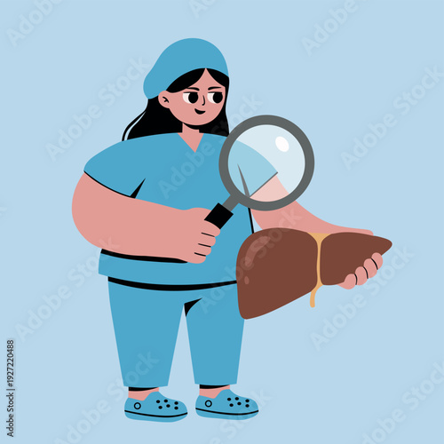 Medical professional holding and analyzing a liver organ with magnifier, symbolizing healthcare, diagnosis, and internal medicine