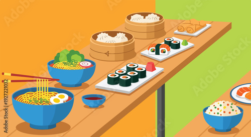A vibrant vector illustration showcases a delicious buffet spread of various Asian dishes, including ramen, sushi, dumplings, spring rolls, and fried rice, presented on a wooden table.