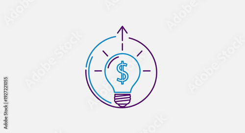Minimalist line art illustration of a light bulb with a dollar sign and upward growth arrow.