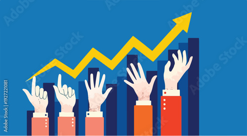 A businessman's hand points to a red arrow on a financial bar graph showing market growth and success in sales statistics