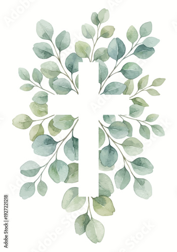 Christianity cross of green eucalyptus leaves. Easter religious symbol. Vector illustration for Epiphany, Christening, baptism, church and holidays.