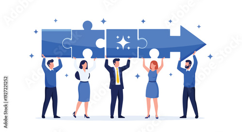 A group of business people in professional suits work together as a corporate team to solve a puzzle concept that symbolizes success and communication in a modern office
