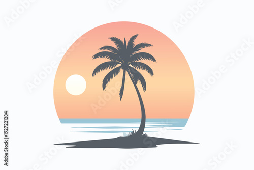 Vector illustration of a tropical paradise island featuring a palm tree silhouette on a sandy beach against a summer sunset sky and blue ocean water for travel and vacation design