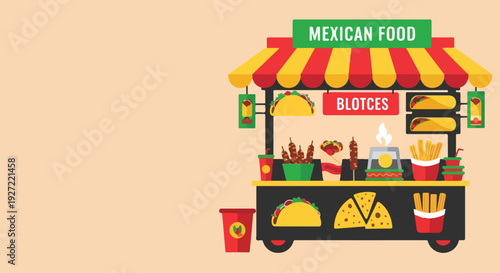 A vibrant, flat-design vector illustration of a Mexican food street cart offering various dishes like tacos, burritos, and fries.
