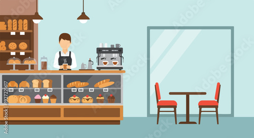 A vector illustration depicts a cozy cafe or bakery interior with a barista, a display counter full of baked goods, a coffee machine, and a small seating area.