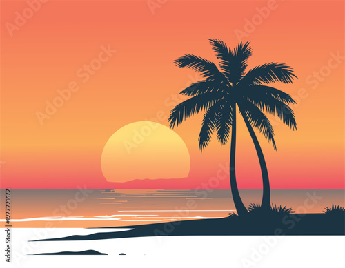 Sunset Beach with Palm Tree Silhouette