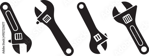 Adjustable wrenches in black silhouette, four on a white background