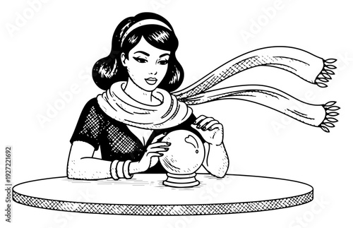 Fortune teller woman predicting future with crystal ball and scarf vector illustration
