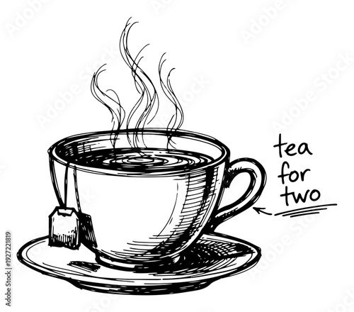 Steaming hot cup of tea with saucer and text caption sketch