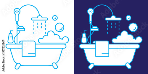 Bathroom icons set line and solid style isolated on white and dark blue background. Shower room, bath with bubbles icon. Hygiene and home interior symbol for cleaning service shower, or bath design. 