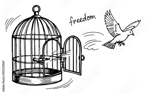 Bird flying out of an open cage symbolizing freedom sketch