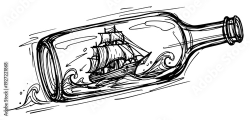 Sailing ship inside a glass bottle floating on waves sketch style