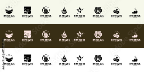 barbecue badges featuring grills, meat cuts, and fire symbols. Perfect for food packaging, menu design, labels, and promotional materials