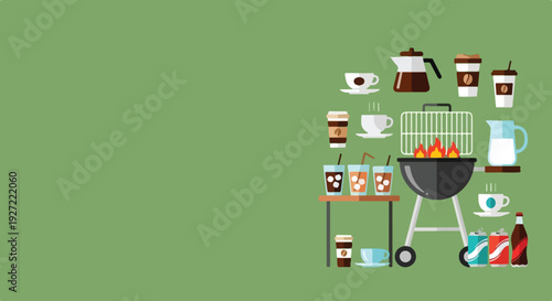 A vibrant vector illustration showcasing a diverse collection of coffee drinks, cold beverages, and a barbecue grill on a green background.
