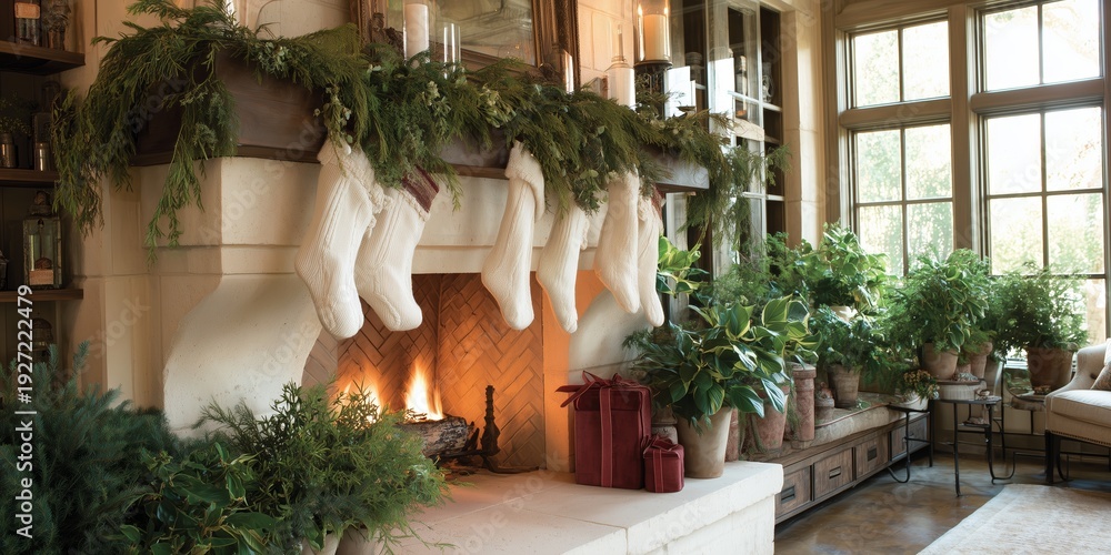 Fototapeta premium Decorative fireplace with stockings and green plants during the holiday season