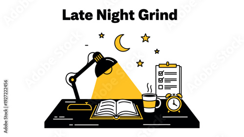 Late Night Grind: Illuminated by a desk lamp, an open book, a checklist, and a steaming mug, epitomizing the dedication and focus required for academic or professional pursuits under the moonlit sky.