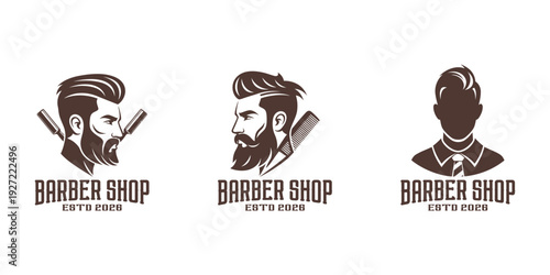 barbershop logo collection with classic beard and hairstyle icons for branding and marketing