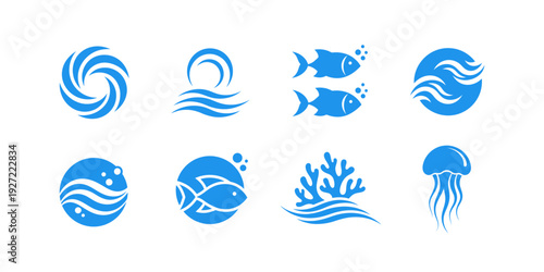 Collection of ocean and marine icons featuring waves, fish, coral, and jellyfish. Clean flat vector design for logos, branding, and sea themes