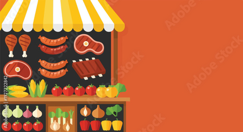 A colorful vector illustration depicting a market stall brimming with various grilled meats and fresh vegetables under a striped awning.