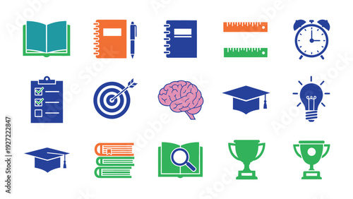 Knowledge Icons: A curated collection of vibrant icons representing elements essential to learning and academic achievement.