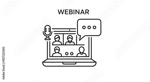 Webinar concept icon with laptop, microphone and speech bubble for online communication.