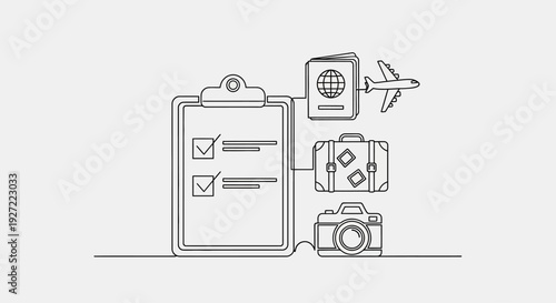 Continuous one line drawing of travel planning checklist with suitcase and camera.