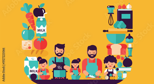 A vibrant flat vector illustration depicts a family cooking together, surrounded by fresh ingredients and essential kitchen utensils.