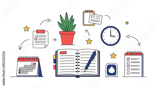 Organization and Planning Essentials: A stylized illustration depicting an array of tools essential for effective organization, scheduling, and meticulous planning.