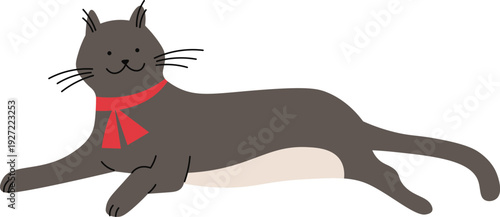 Laying black cat doodle drawing. Cute animal