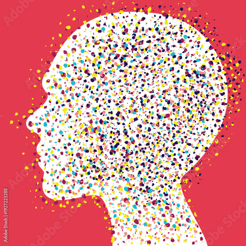 Illustration of a Human Head in Profile, Psychological Concept of Swirling Thoughts. Vector.