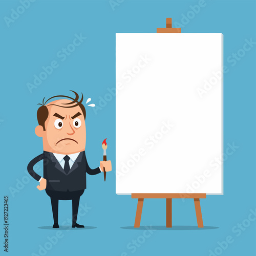 Man Standing Beside Blank Canvas.