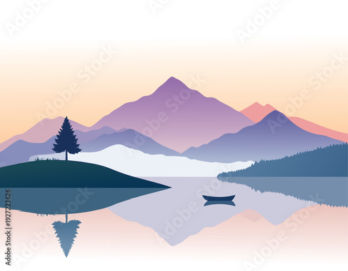 Mountain lake landscape with sunrise and mountains reflecting in water