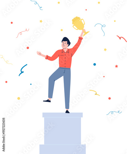 Happy winner on podium. Man celebrate golden trophy cup